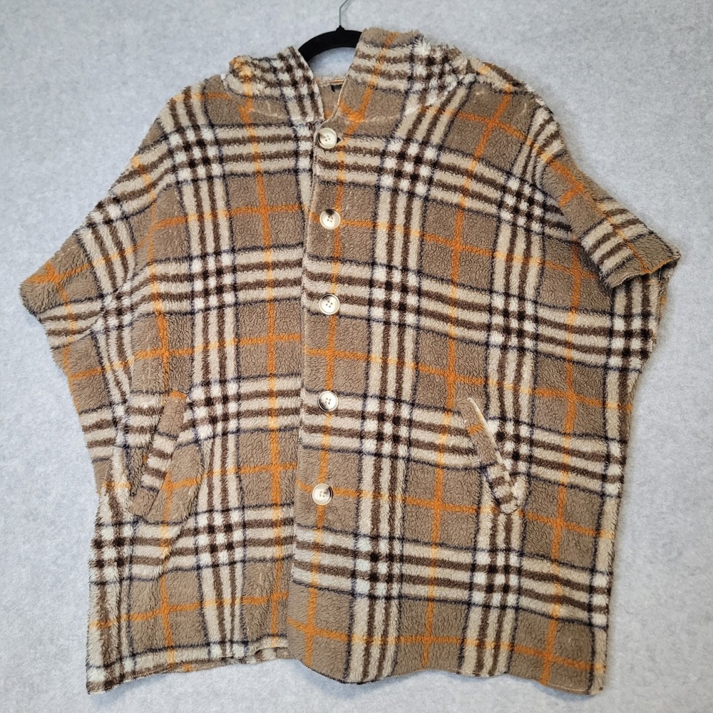 La La Muse Plaid Hooded Poncho Sherpa Fleece Button Front OrangeTan OS Academia